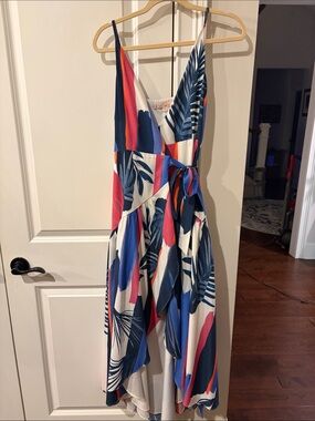 Hutch Tropical Print Wrap Midi Dress - Blue, White & Coral